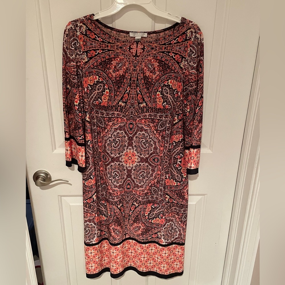 LONDON STYLE COLLECTION 3/4 Sleeve Knee Length Sheath Dress Knit sz 14 B99